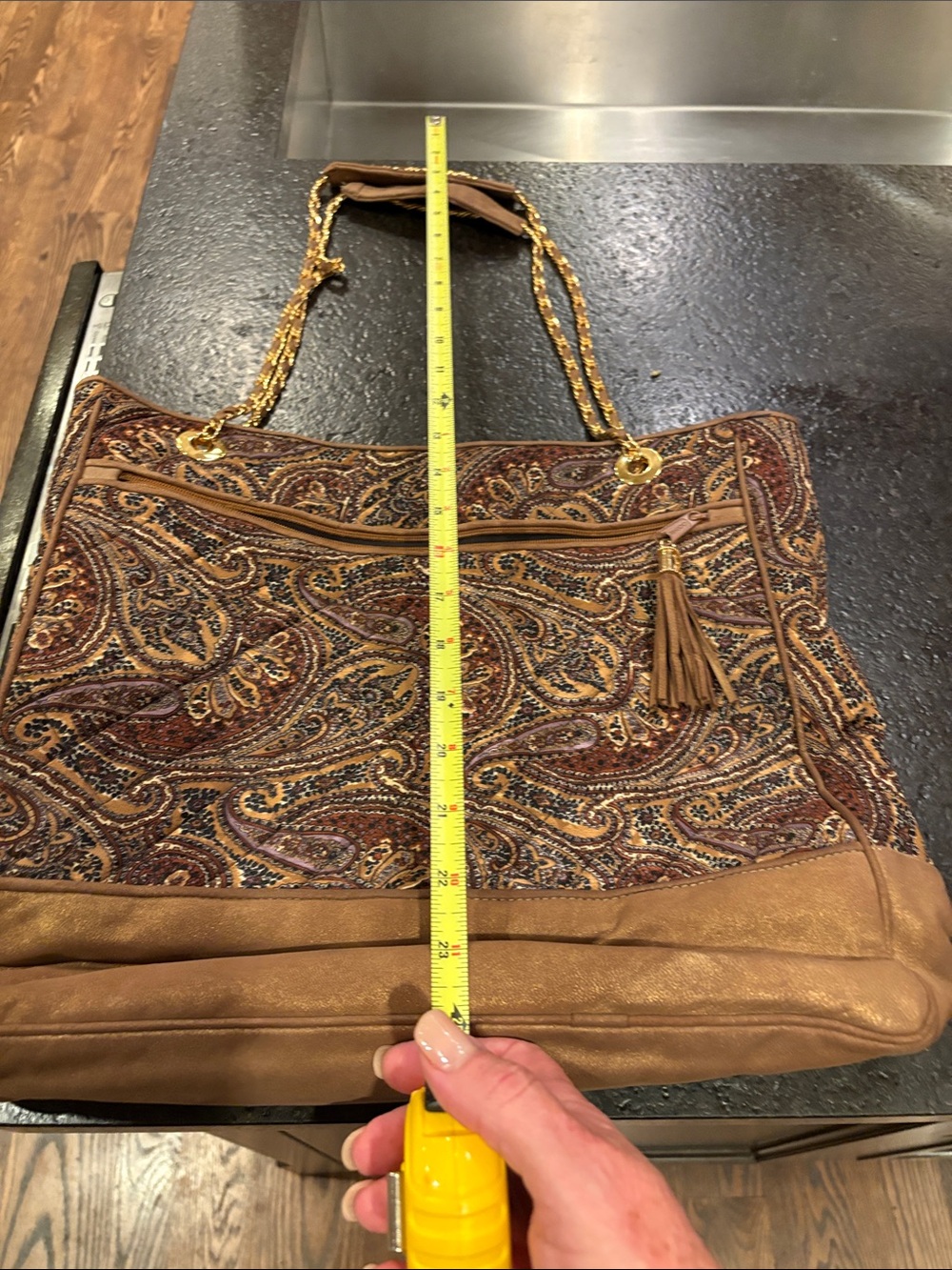 Paisley Tassel Tote Bag in Brown and Tan